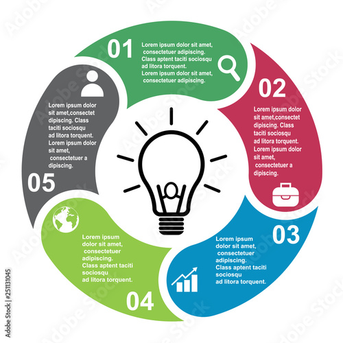 5 steps vector element in five colors with labels, infographic diagram. Business concept of 5 steps or options with bulb