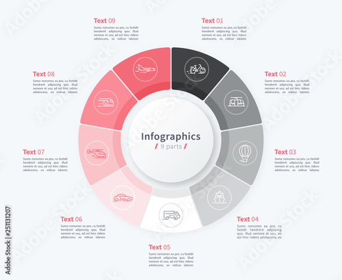 Stylish pie chart circle infographic template. 9 parts. 