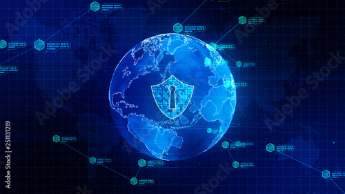 Shield icon on secure global network, Technology network and cyber security concept. Protection for worldwide connections. Earth element furnished by Nasa