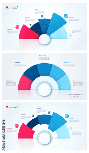 Set of stylish pie chart circle infographic templates. 5 parts. 