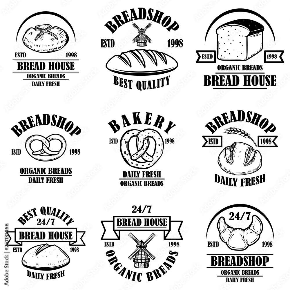 Fototapeta premium Set of bakery, bread shop emblems. Design element for logo, label, sign, banner, poster.