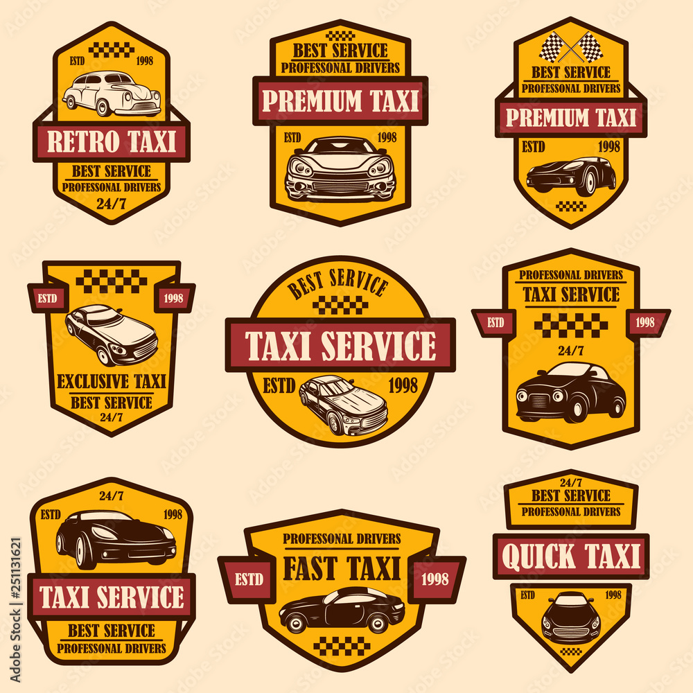 Set of taxi service emblems. Design element for logo, label, sign, poster, card.
