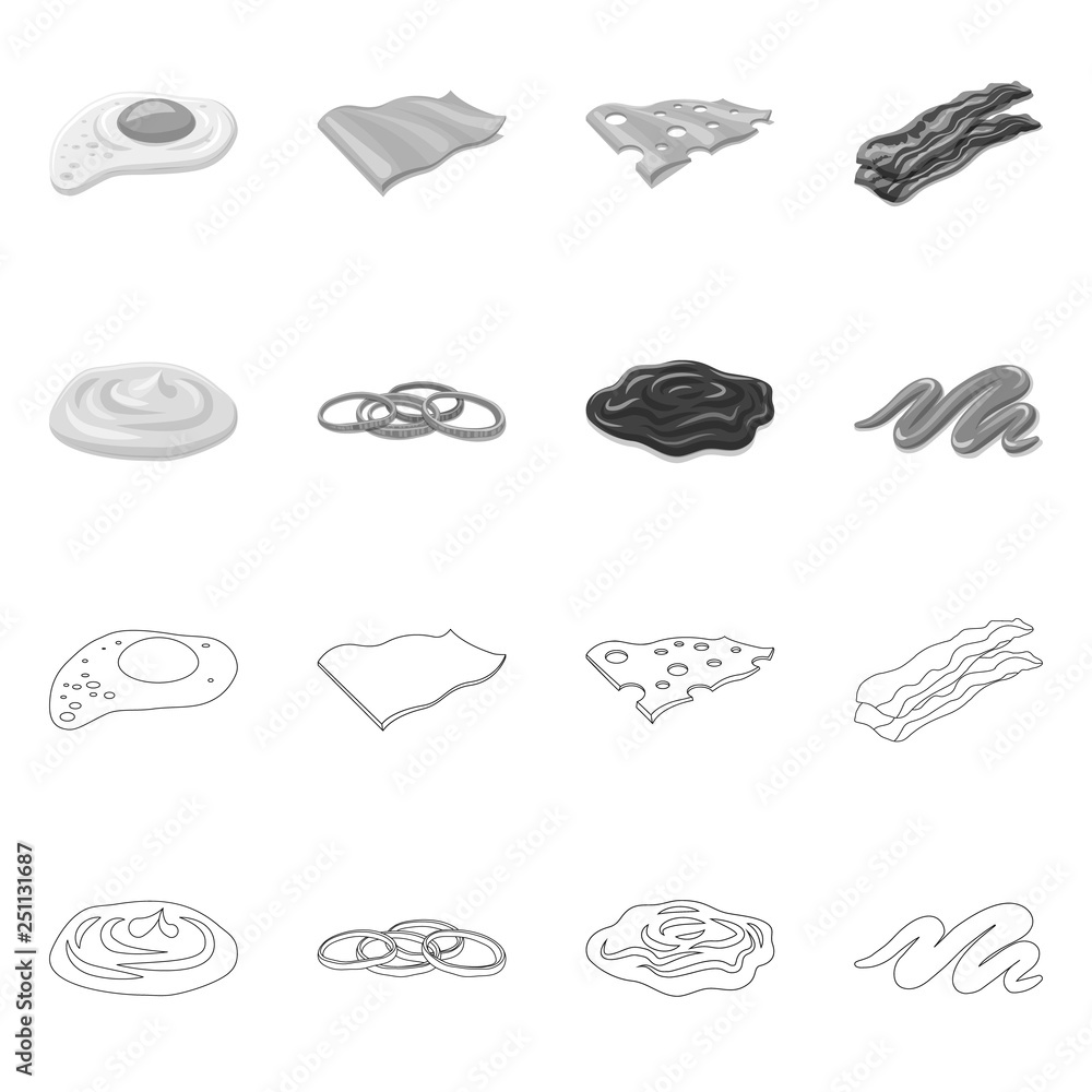 Vector illustration of burger and sandwich sign. Set of burger and slice stock vector illustration. Vector illustration of burger and sandwich sign. Set of burger and slice stock vector illustration.