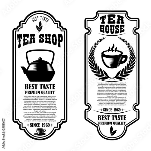 Set of tea house flyer templates. Design element for logo, label, sign, poster.