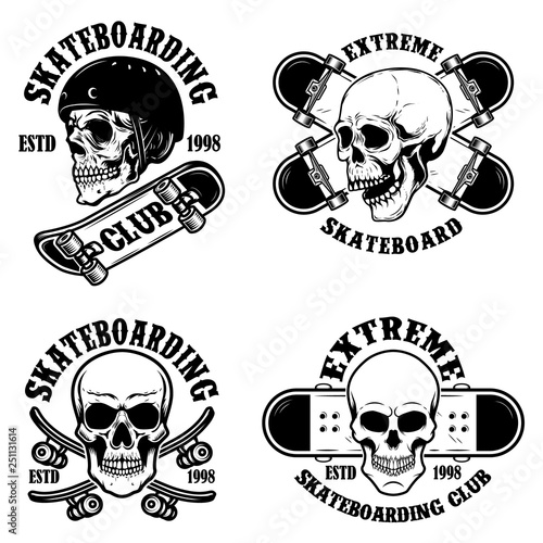 Set of skateboarding club emblems with skulls. Design element for poster, logo, sign, label, t shirt.