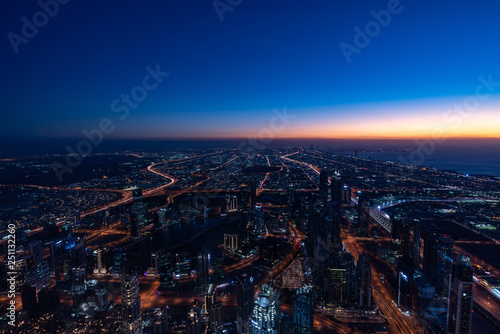 Bird view of Dubai skyline at magic hour