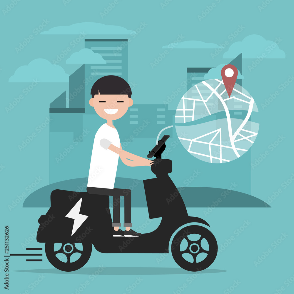 Young character riding an electric scooter and using a navigational app. Map and geo tag on city background.Flat cartoon art Stock Vector | Adobe Stock