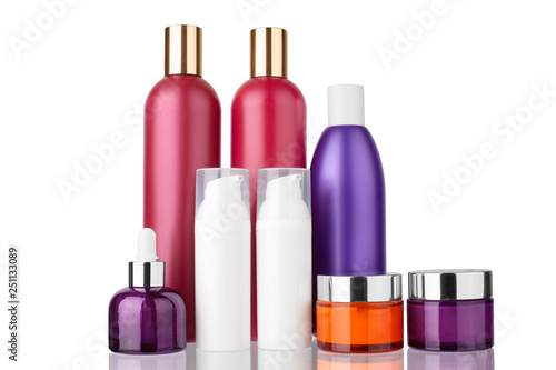 Hair, body cosmetic plastic bottles, face cream, serum glass bottles template on white background isolated close up, blank containers design mockup, skin care cosmetics collection concept, text place