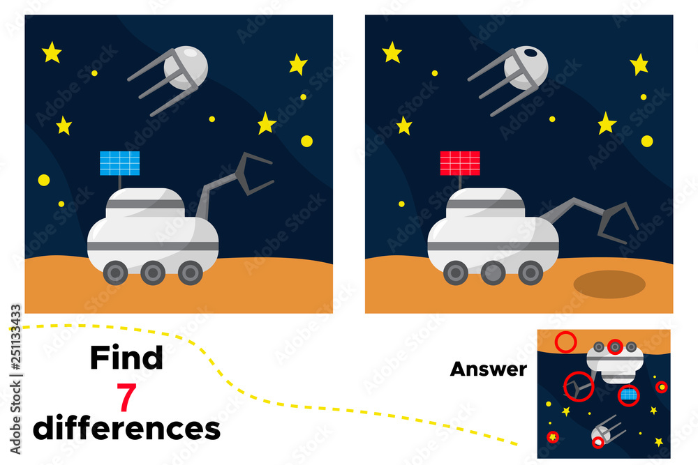 Cartoon moon loader, satellite and stars. Educational game for children. Find 7 differences. Space theme. Vector illustration. Cartoon moon loader, satellite and stars. Educational game for children. Find 7 differences. Space theme. Vector illustration.