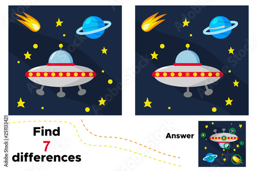 Cartoon aliens UFO. Educational game for children. Find 7 differences. Space theme. Vector illustration.