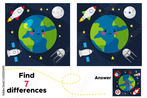 Cute cartoon earth, satellite, rocket and moon. Educational game for children. Find 7 differences. Earth day. Vector illustration.