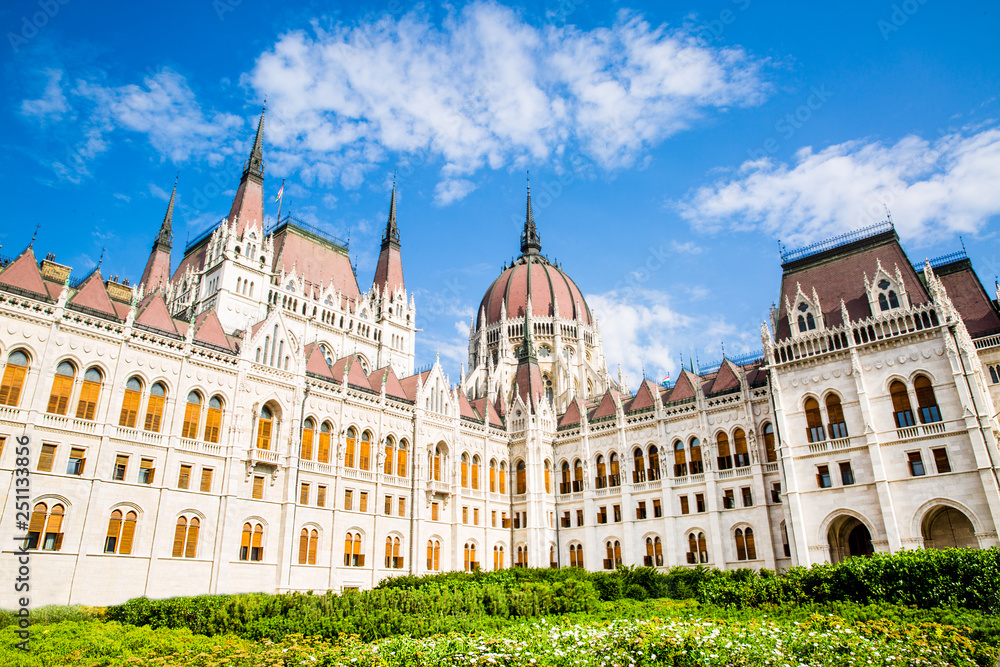 Gothic facade of Parliament in Budapest, Hungary. Bright summer day. 