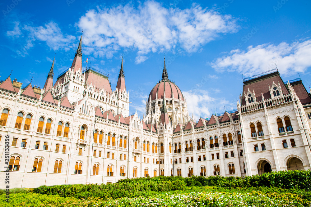 Obraz premium Gothic facade of Parliament in Budapest, Hungary. Bright summer day. 
