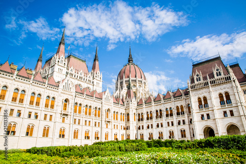Gothic facade of Parliament in Budapest, Hungary. Bright summer day. 