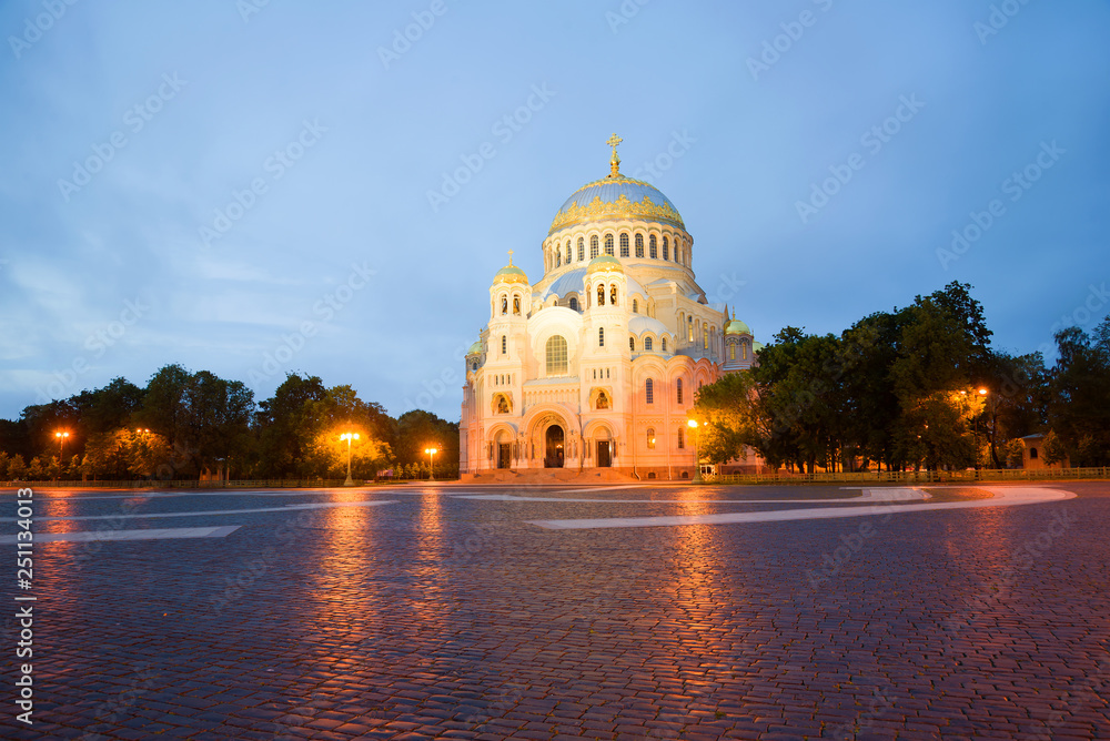 View of the old Naval Cathedral of St. Nicholas on Anchor Square on a white night. Kronstadt, Russia