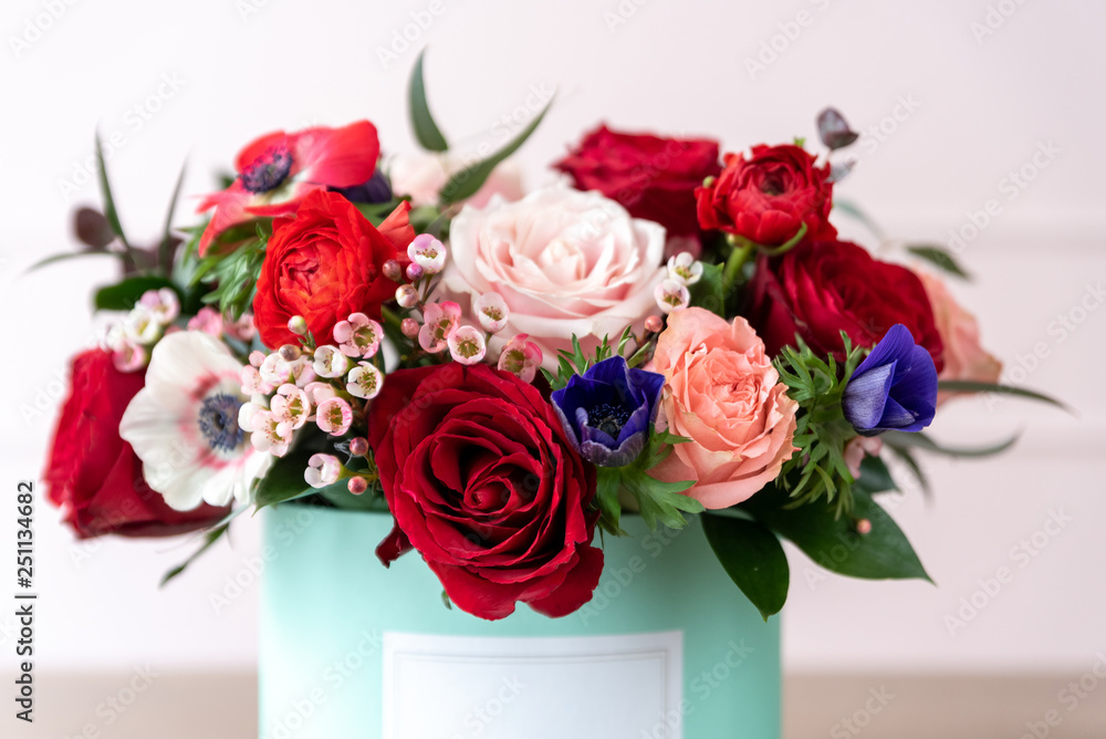 Close up of beautiful bouquet of flowers in a box Close up of beautiful bouquet of flowers in a box