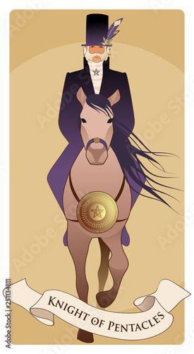 Knight dressed in the old style, with mustache, sideburns and top hat worshiping with feathers, riding an elegant horse with long mane and golden pentacle in the chest.