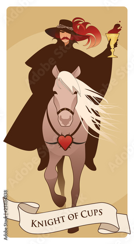 Knight dressed in the old style, with mustache and feathered hat with a golden cup in his hand, riding an elegant horse. Minor arcana Tarot cards. Spanish playing cards. 