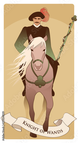 Knight dressed in the old style, with mustache and feather hat holding a wand surrounded by leaves and flowers, riding an elegant horse with long mane and clover emblem on the chest.