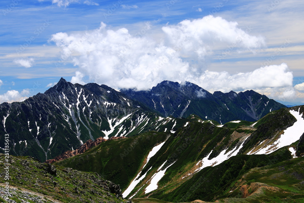 北アルプス水晶岳山頂からの眺望　槍ヶ岳へ続く裏銀座コース
