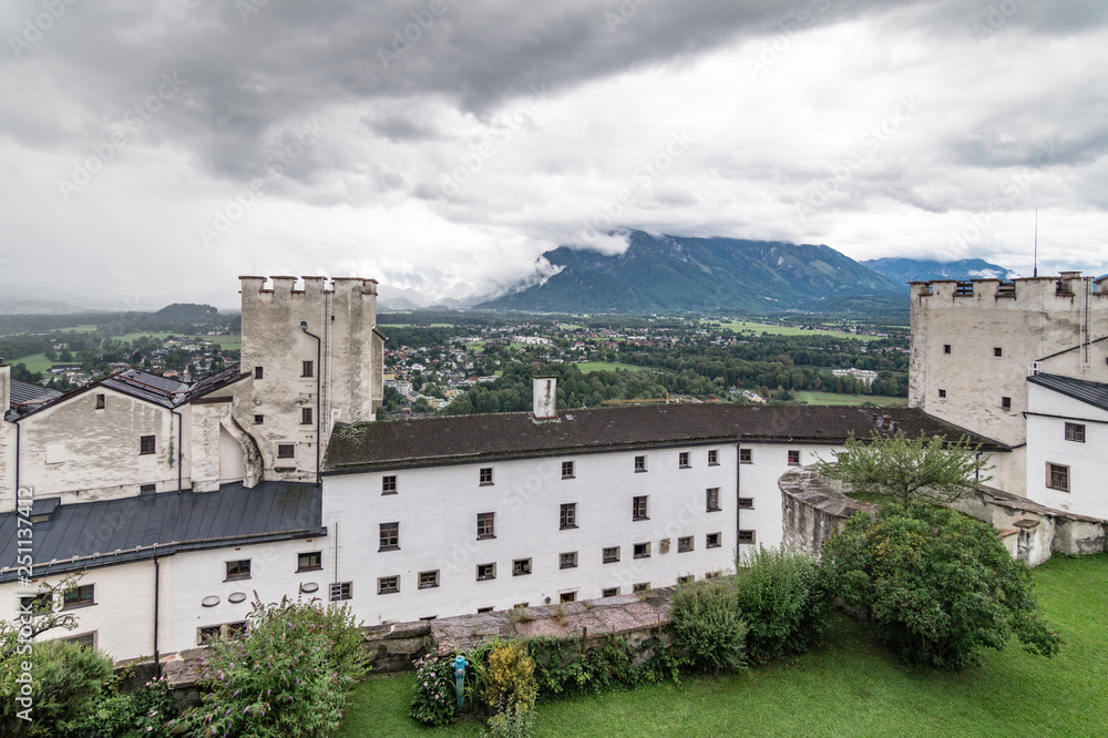 Panoramic view with the defensive towers of the Hohensalzburg Fortress (Festung Hohensalzburg), Salzburg, Austria