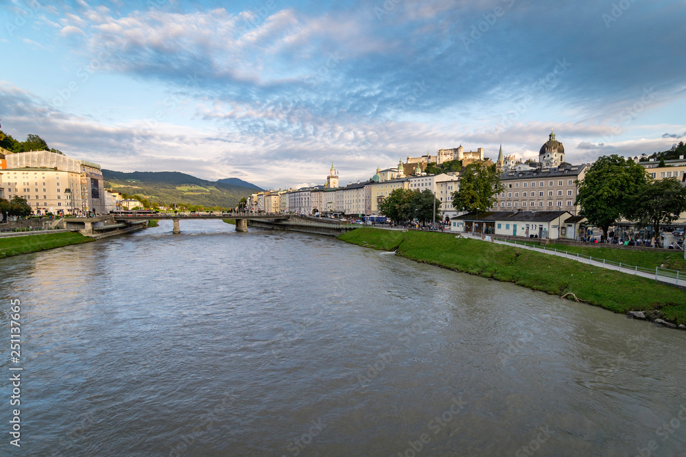 Panoramic view of the city of Salzburg at sunset