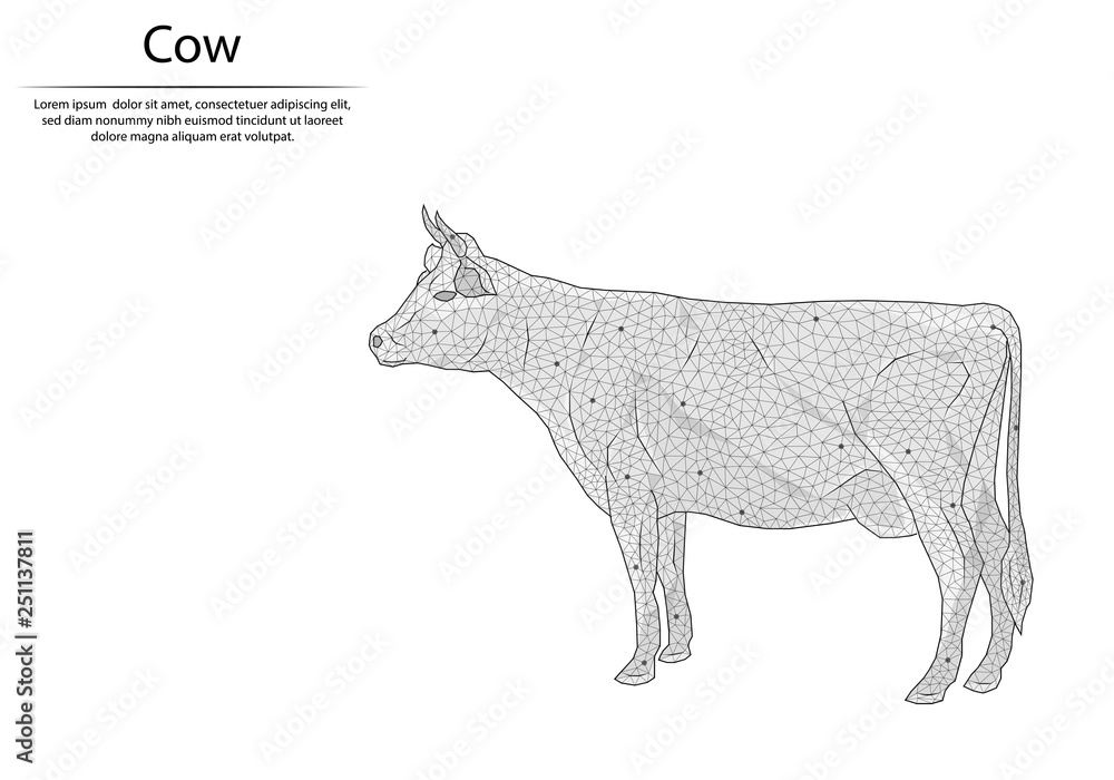 Abstract image cow in the form of lines and dots, consisting of triangles and geometric shapes. Low poly vector background.