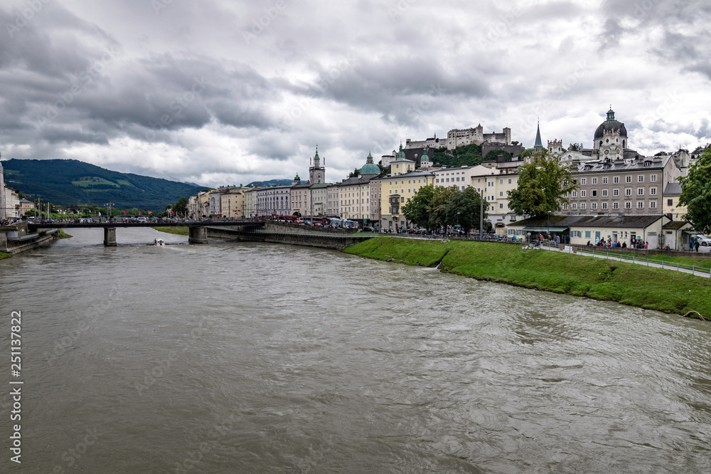  Panoramic view of the west bank of Salzburg with the fortress in the background, Austria
