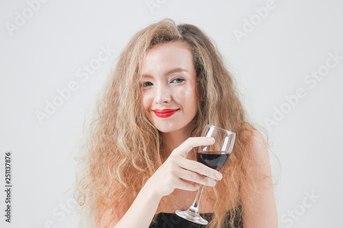 Women with canals, are happily drinking wine, white backdrop.