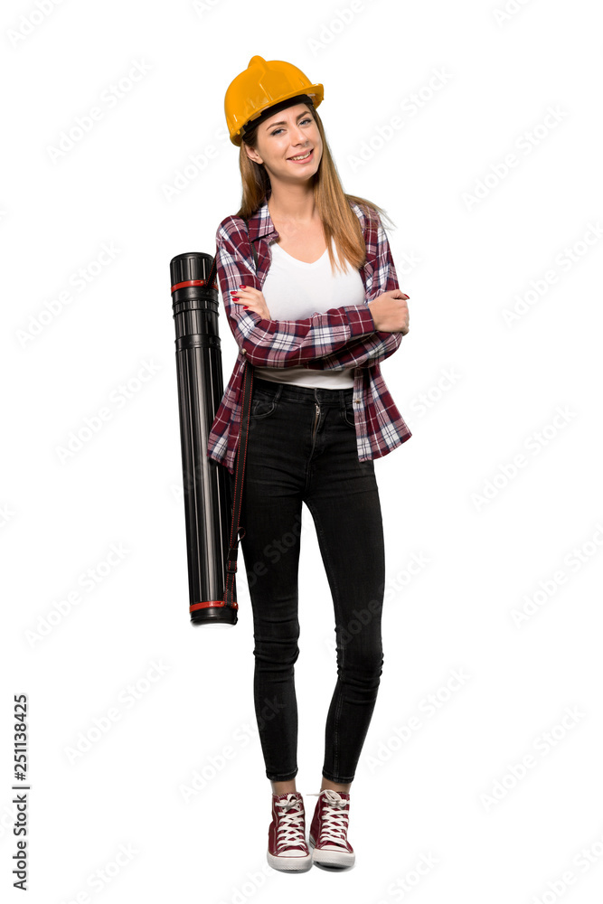 A full-length shot of a Architect woman Happy and smiling over isolated white background A full-length shot of a Architect woman Happy and smiling over isolated white background