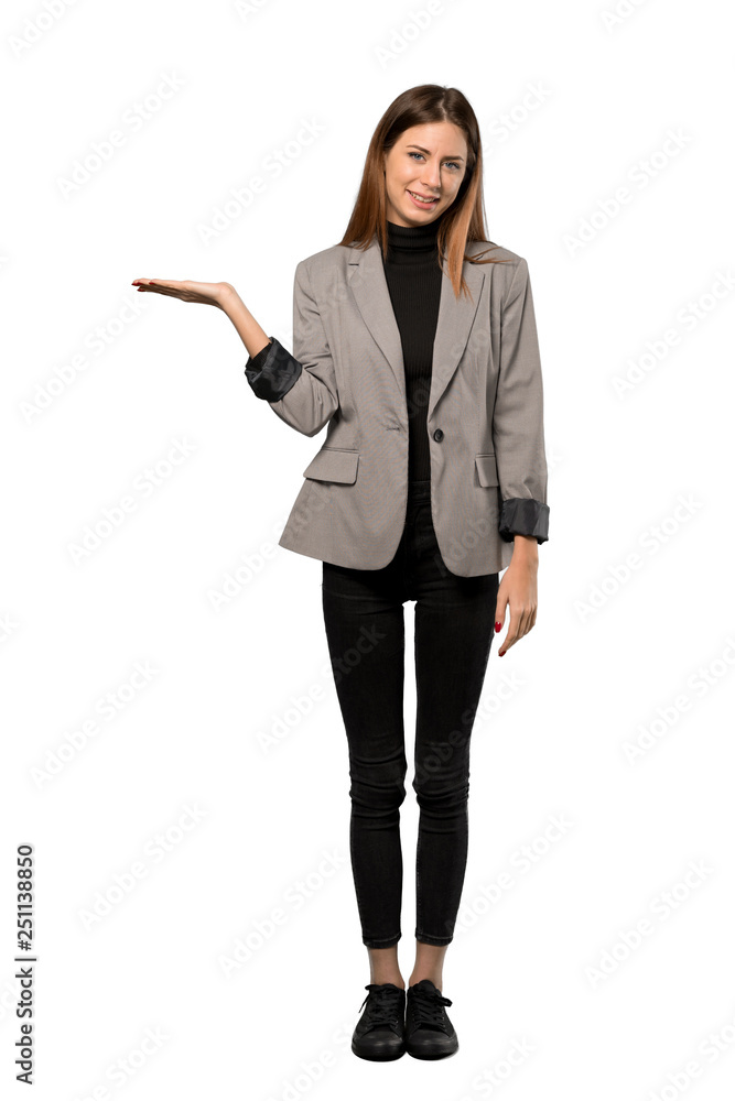 A full-length shot of a Business woman holding copyspace imaginary on the palm to insert an ad over isolated white background A full-length shot of a Business woman holding copyspace imaginary on the palm to insert an ad over isolated white background