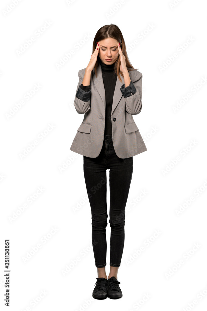 A full-length shot of a Business woman with headache over isolated white background A full-length shot of a Business woman with headache over isolated white background