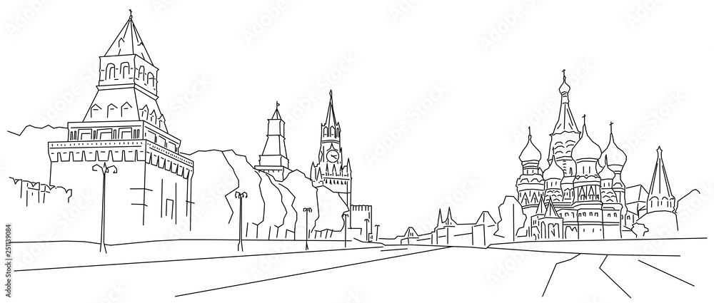 Random sketch of red square and st.basil Cathedral. Black and white line-art. Moscow
