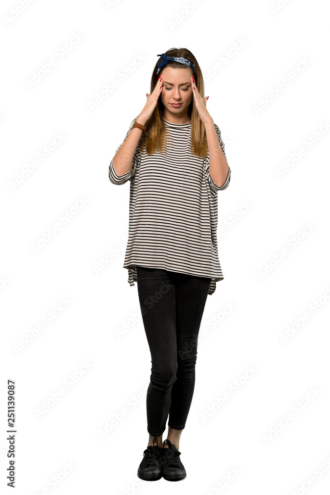 A full-length shot of a Young woman with headscarf with headache over isolated white background