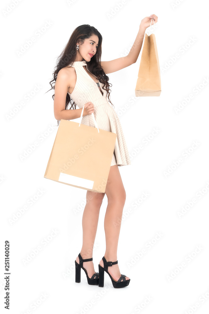 Woman hold shopping bag, Asian girl, 20-30 years old,on white background. Woman hold shopping bag, Asian girl, 20-30 years old,on white background.