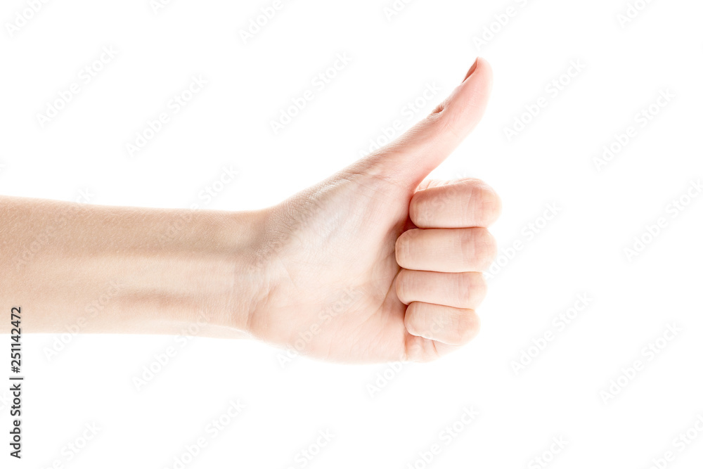 Female hand isolated on white background. White woman's hand showing symbols and gestures. Thumb up. Female hand isolated on white background. White woman's hand showing symbols and gestures. Thumb up.