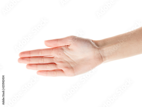 Female hand isolated on white background. White woman's hand showing symbols and gestures. Palm © stas_malyarevsky