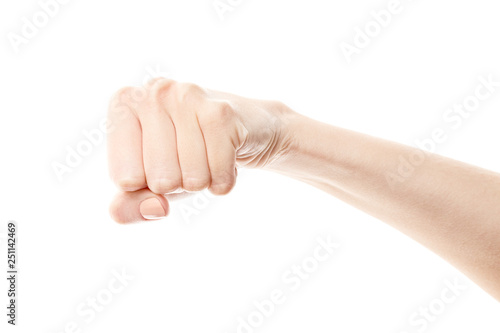 Female hand isolated on white background. White woman's hand showing symbols and gestures. Fist