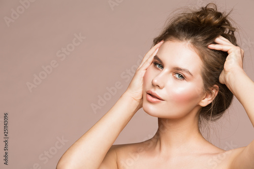 Fashion Model Beauty Makeup, Beautiful Woman Spread Dishevel Hair Wet Skin Make Up, Studio Portrait