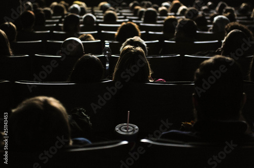 People in the cinema watching a movie, illuminated by the big screen