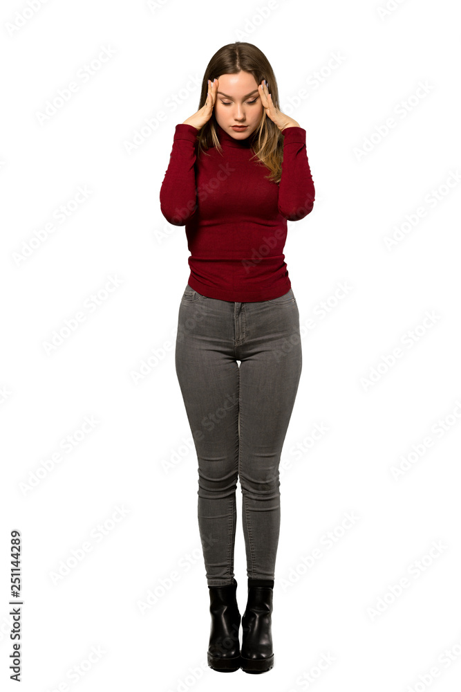 A full-length shot of a Teenager girl with turtleneck with headache over isolated white background A full-length shot of a Teenager girl with turtleneck with headache over isolated white background