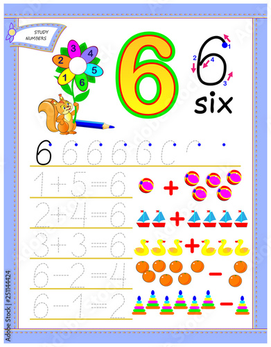 Educational page for kids with number 6. Solve mathematical examples. Printable worksheet for children textbook. Developing counting and writing skills. Vector cartoon image.