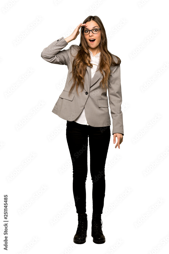 Full-length shot of Business woman has just realized something and has intending the solution on isolated white background Full-length shot of Business woman has just realized something and has intending the solution on isolated white background