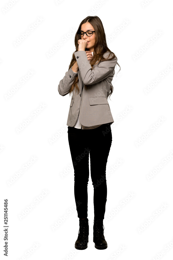 Full-length shot of Business woman is suffering with cough and feeling bad on isolated white background Full-length shot of Business woman is suffering with cough and feeling bad on isolated white background