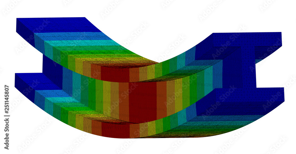 3D Illustration. Narrow isometric view of a deflection plot of an I Beam in bending - obrazy, fototapety, plakaty 