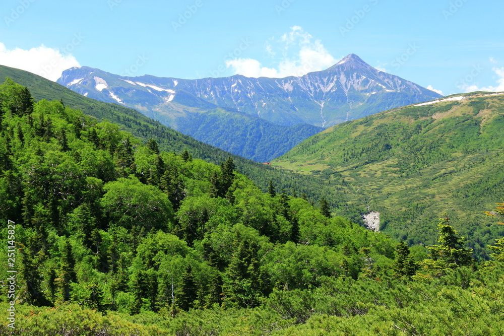 Fototapeta premium 北アルプス 雲ノ平を取り巻く山々 黒部五郎小屋越し笠ヶ岳遠景 日本最後の秘境を歩