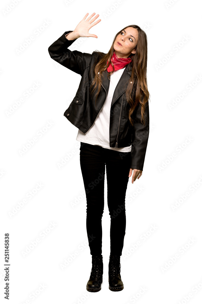 Full-length shot of Young woman with leather jacket counting five with fingers on isolated white background Full-length shot of Young woman with leather jacket counting five with fingers on isolated white background