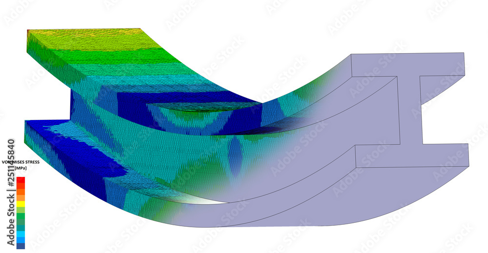 3D Illustration. Narrow isometric view of a Von Mises stress plot and CAD model blend of an I Beam in bending with scale - obrazy, fototapety, plakaty 