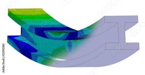 3D Illustration. Narrow isometric view of a Von Mises stress plot and CAD model blend of an I Beam in bending