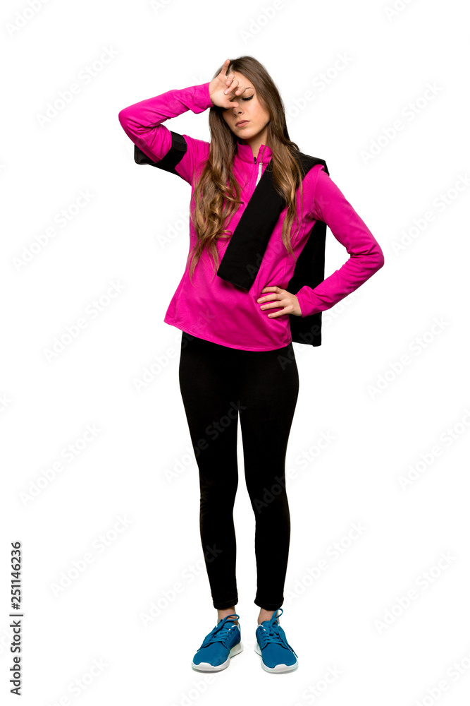 Full-length shot of Young sport woman with tired and sick expression over isolated white background Full-length shot of Young sport woman with tired and sick expression over isolated white background